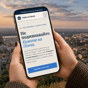 Гражданин разглежда платформата "Кажи на Пенчо" на телефон с панорама към Русе
