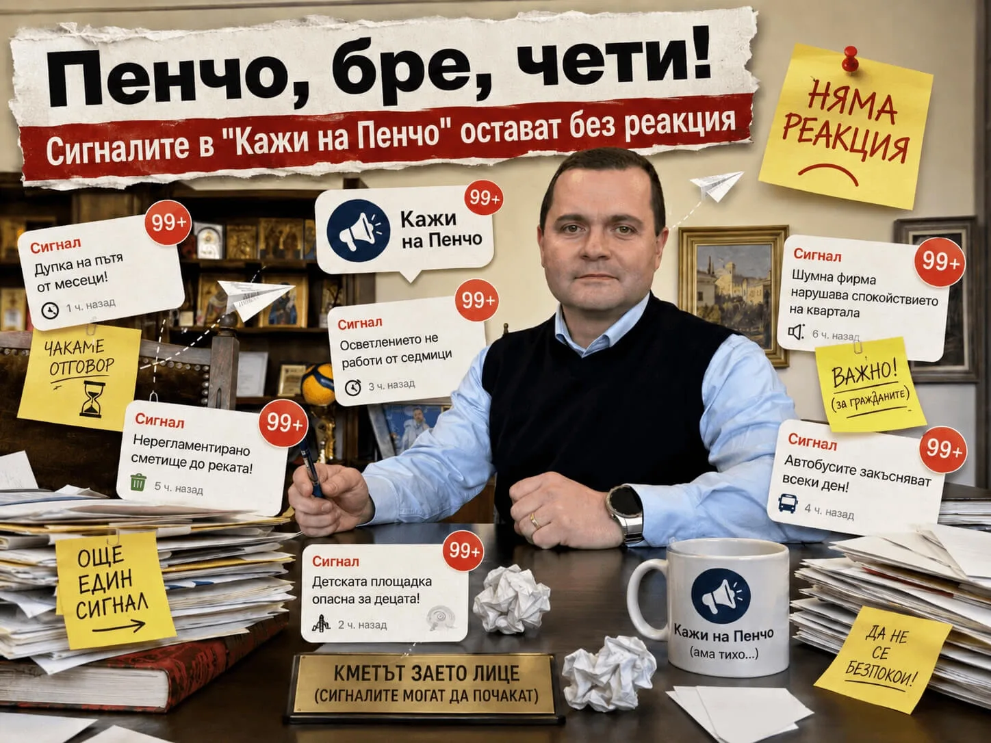 Сатиричен AI колаж за сигналите в платформата Кажи на Пенчо
